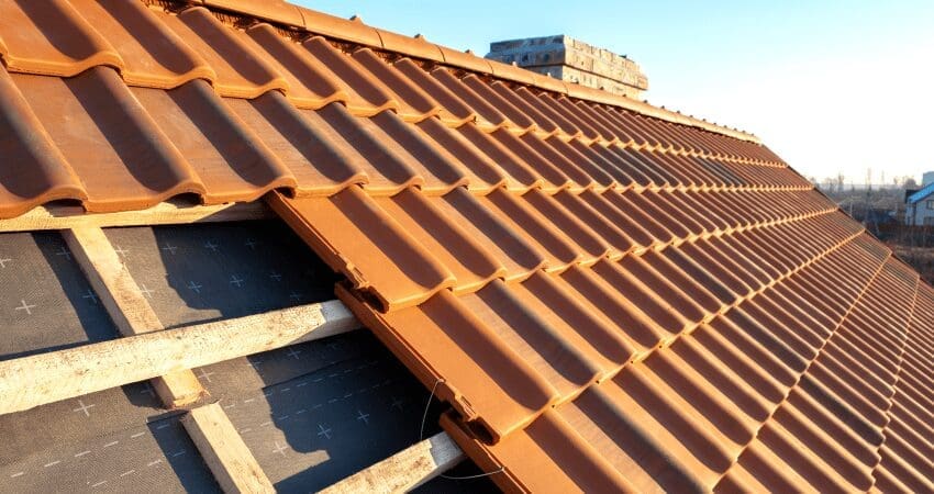New roof installation with terracotta tiles.